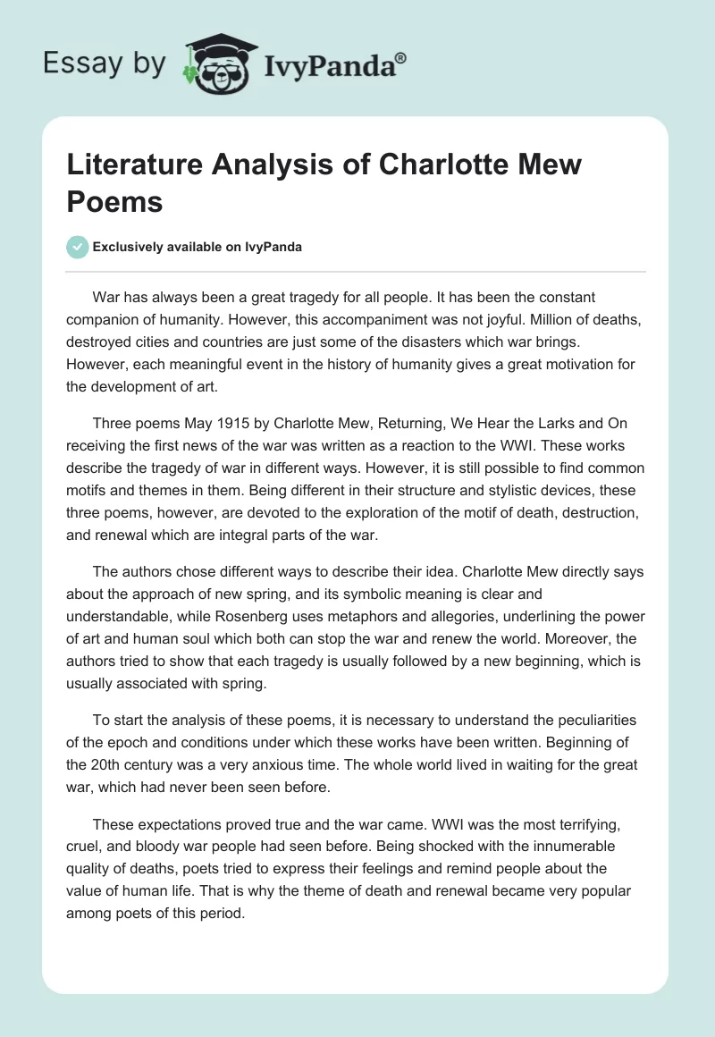 Literature Analysis of Charlotte Mew Poems. Page 1