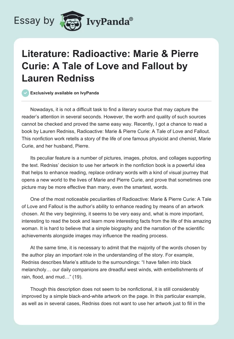 Literature: Radioactive: Marie & Pierre Curie: A Tale of Love and Fallout by Lauren Redniss. Page 1