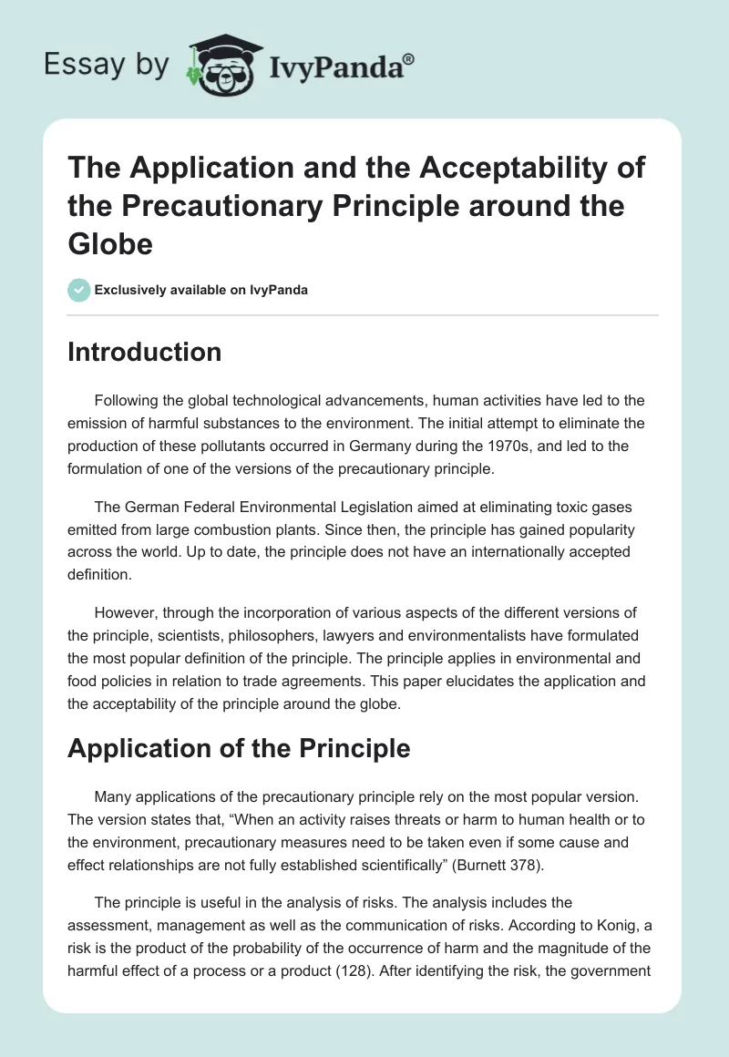 The Application and the Acceptability of the Precautionary Principle around the Globe. Page 1