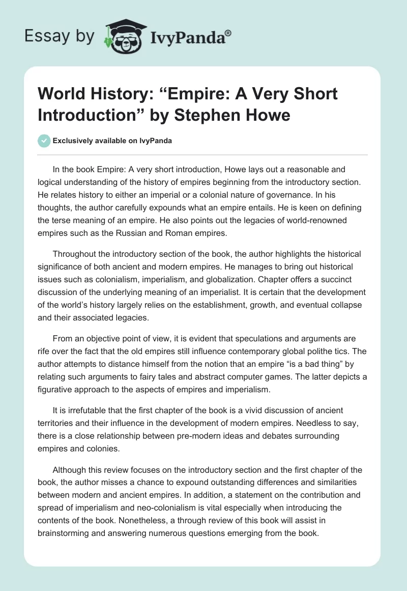 World History: “Empire: A Very Short Introduction” by Stephen Howe. Page 1