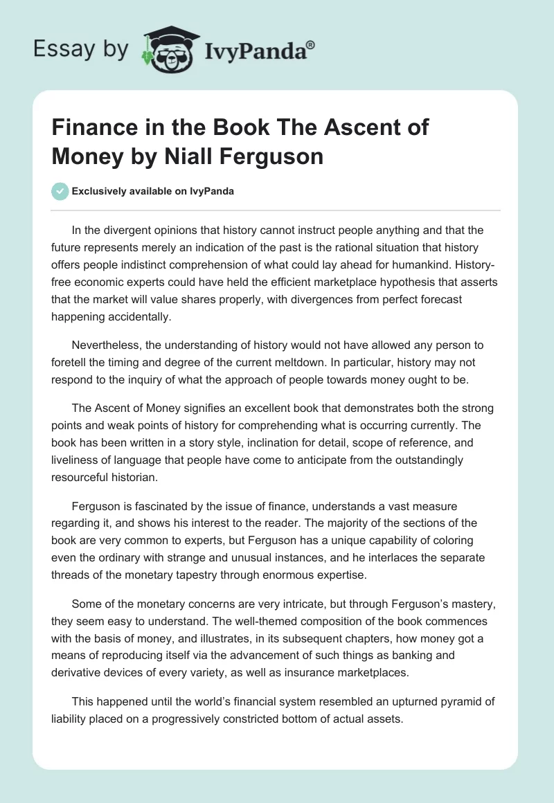 Finance in the Book "The Ascent of Money" by Niall Ferguson. Page 1