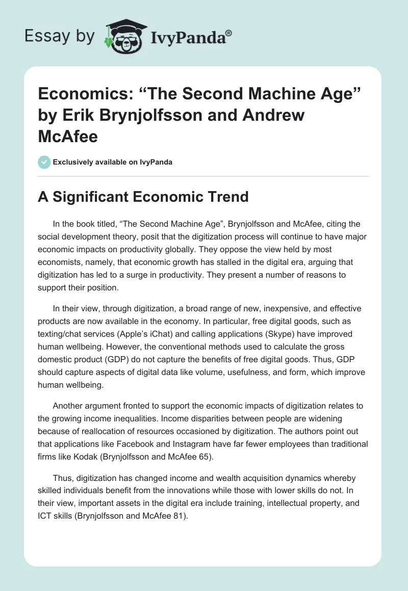 Economics: “The Second Machine Age” by Erik Brynjolfsson and Andrew McAfee. Page 1
