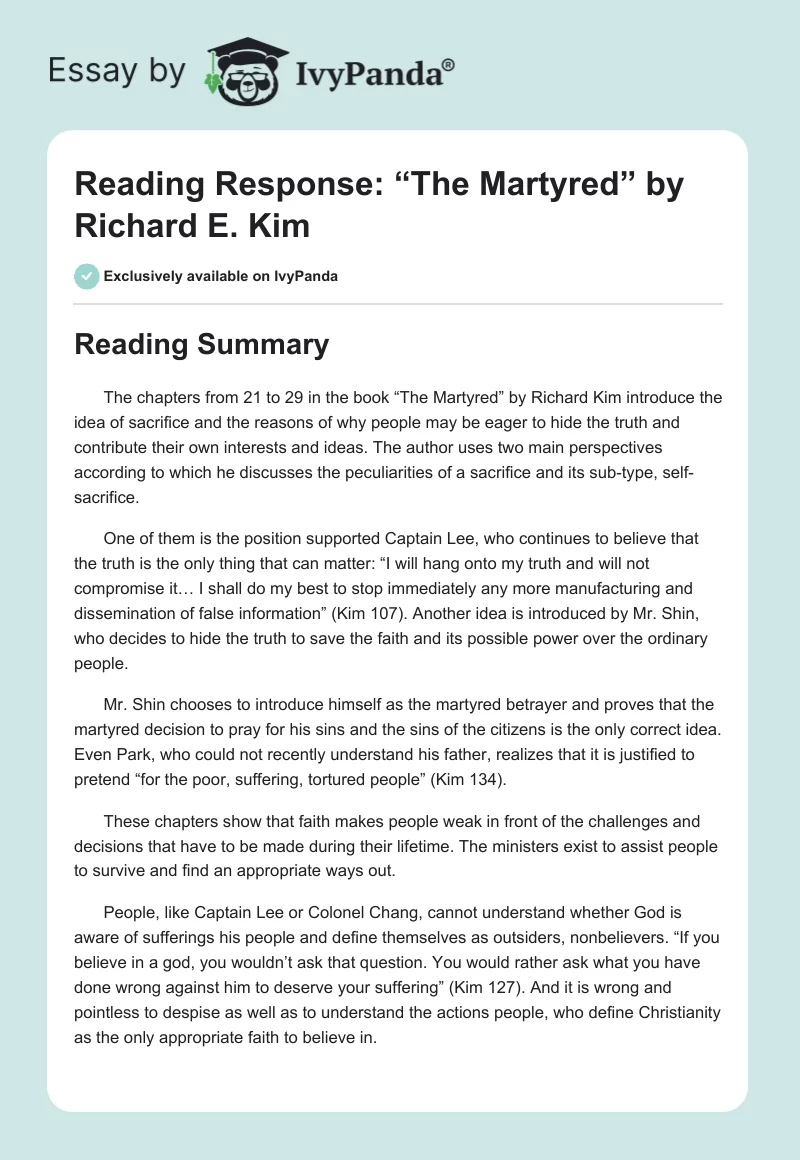 Reading Response: “The Martyred” by Richard E. Kim. Page 1