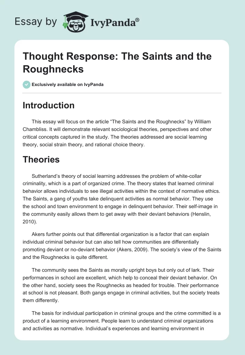 Thought Response: The Saints and the Roughnecks. Page 1