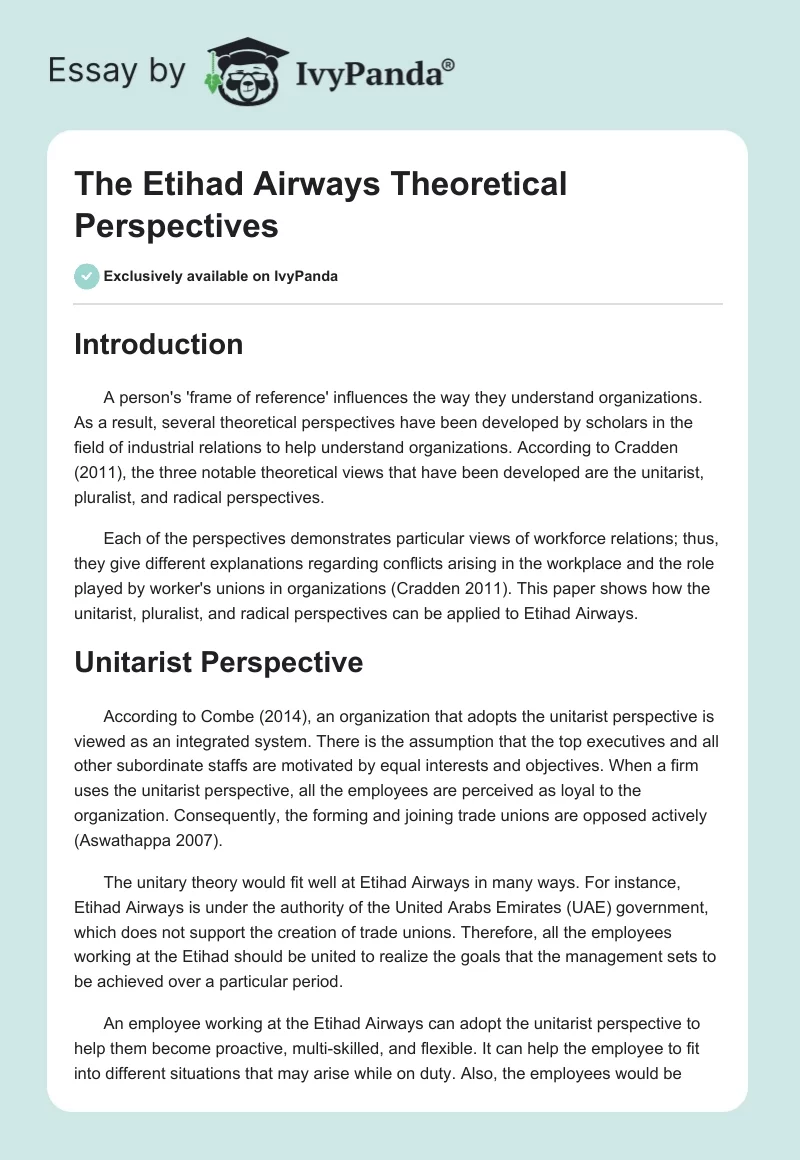 The Etihad Airways Theoretical Perspectives. Page 1