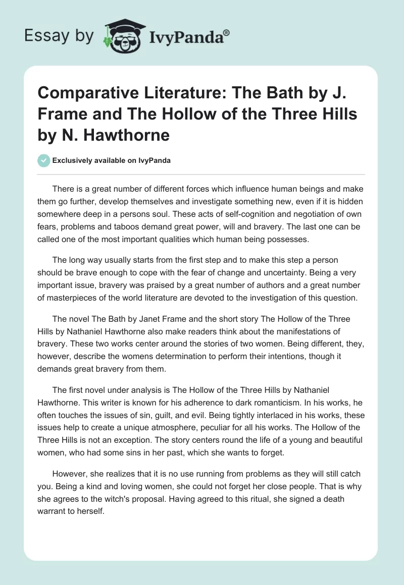 Comparative Literature: The Bath by J. Frame and The Hollow of the Three Hills by N. Hawthorne. Page 1