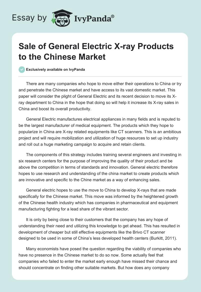 Sale of General Electric X-ray Products to the Chinese Market. Page 1