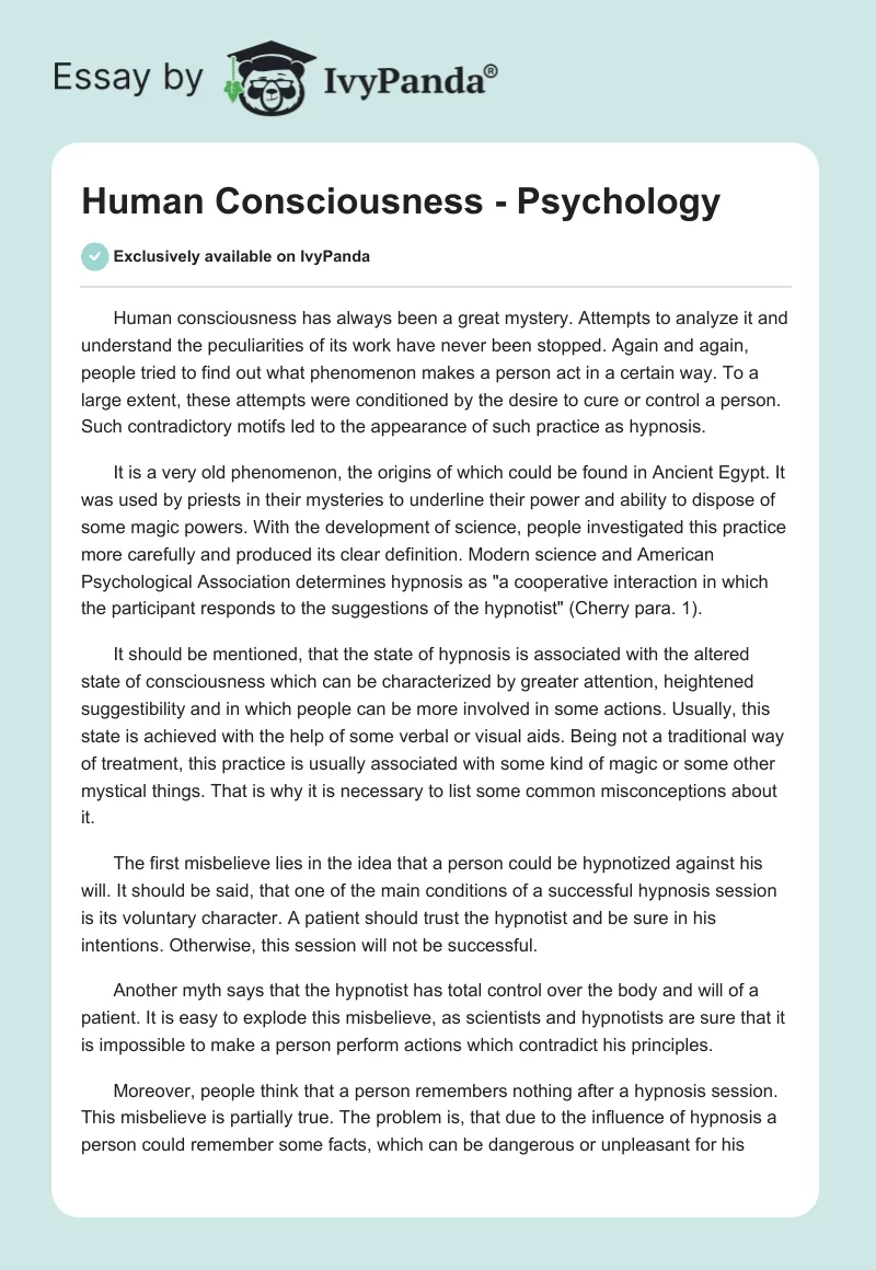 Human Consciousness - Psychology. Page 1