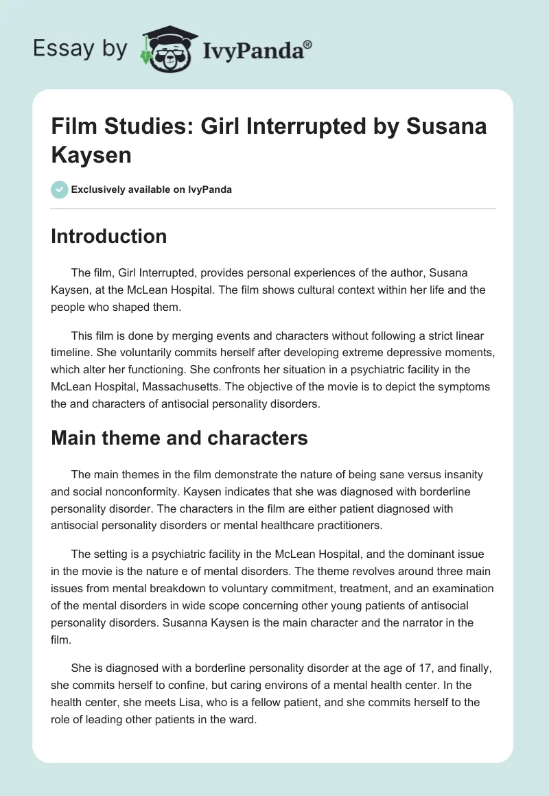 Film Studies: Girl Interrupted by Susana Kaysen. Page 1
