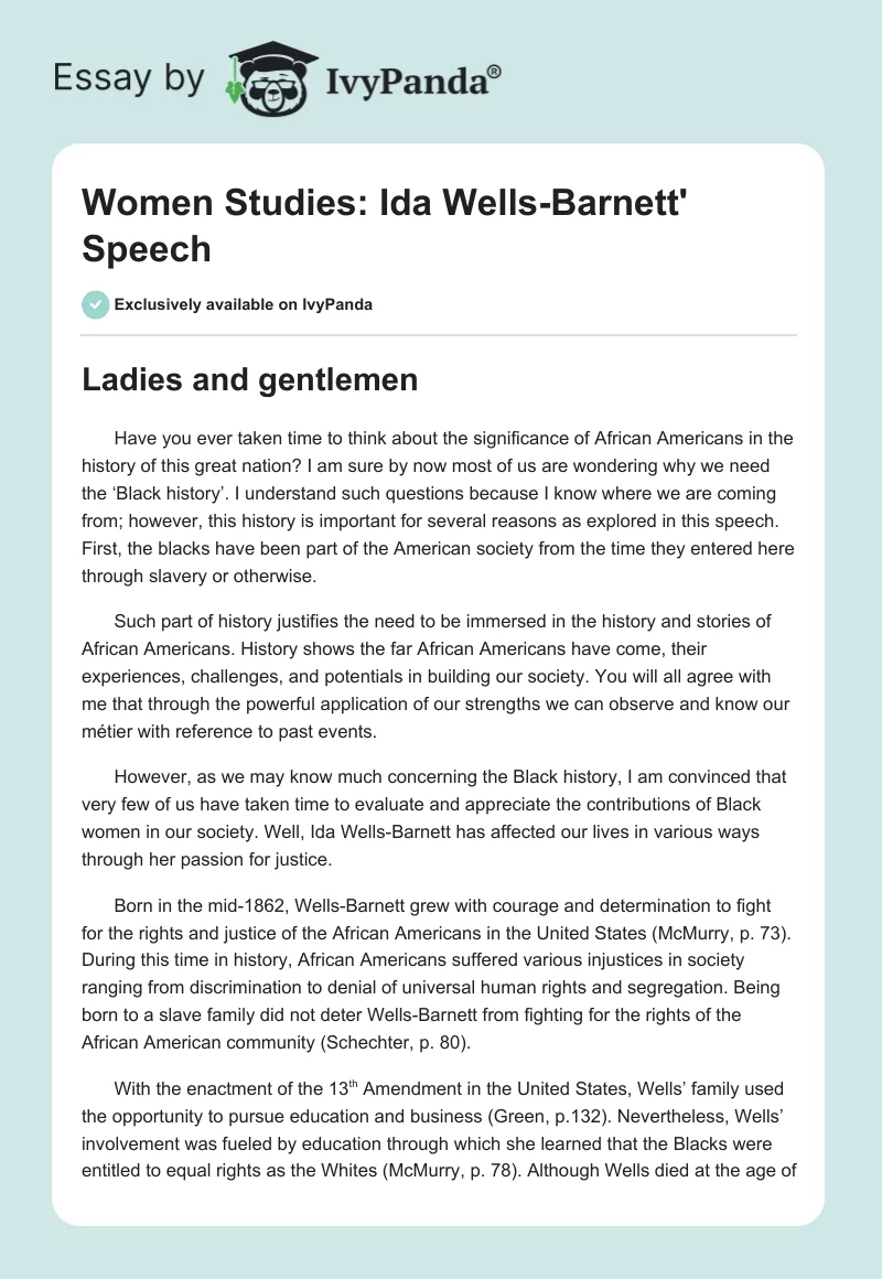 Women Studies: Ida Wells-Barnett' Speech. Page 1