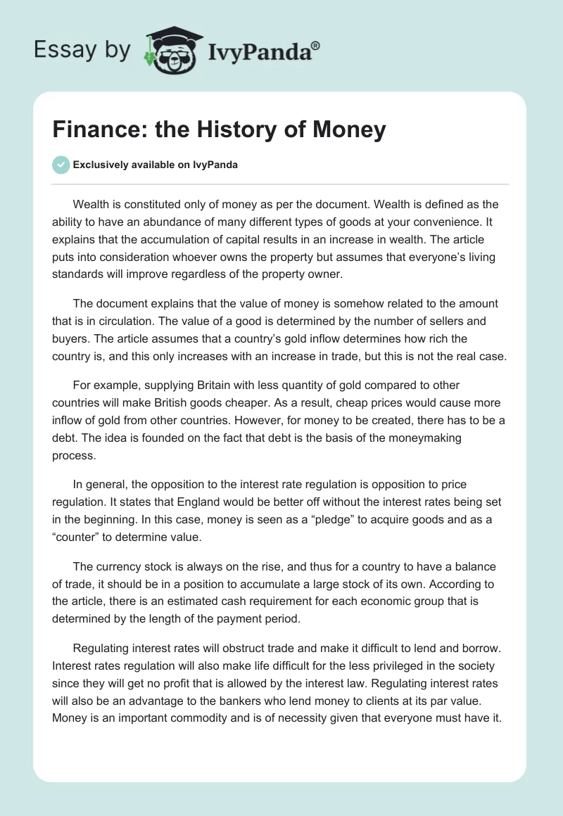 Finance: The History of Money. Page 1