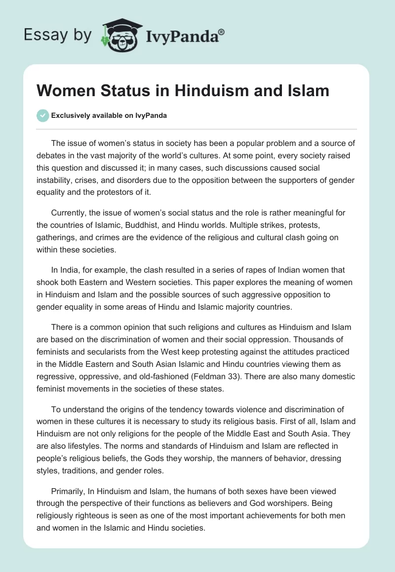 Women Status in Hinduism and Islam. Page 1