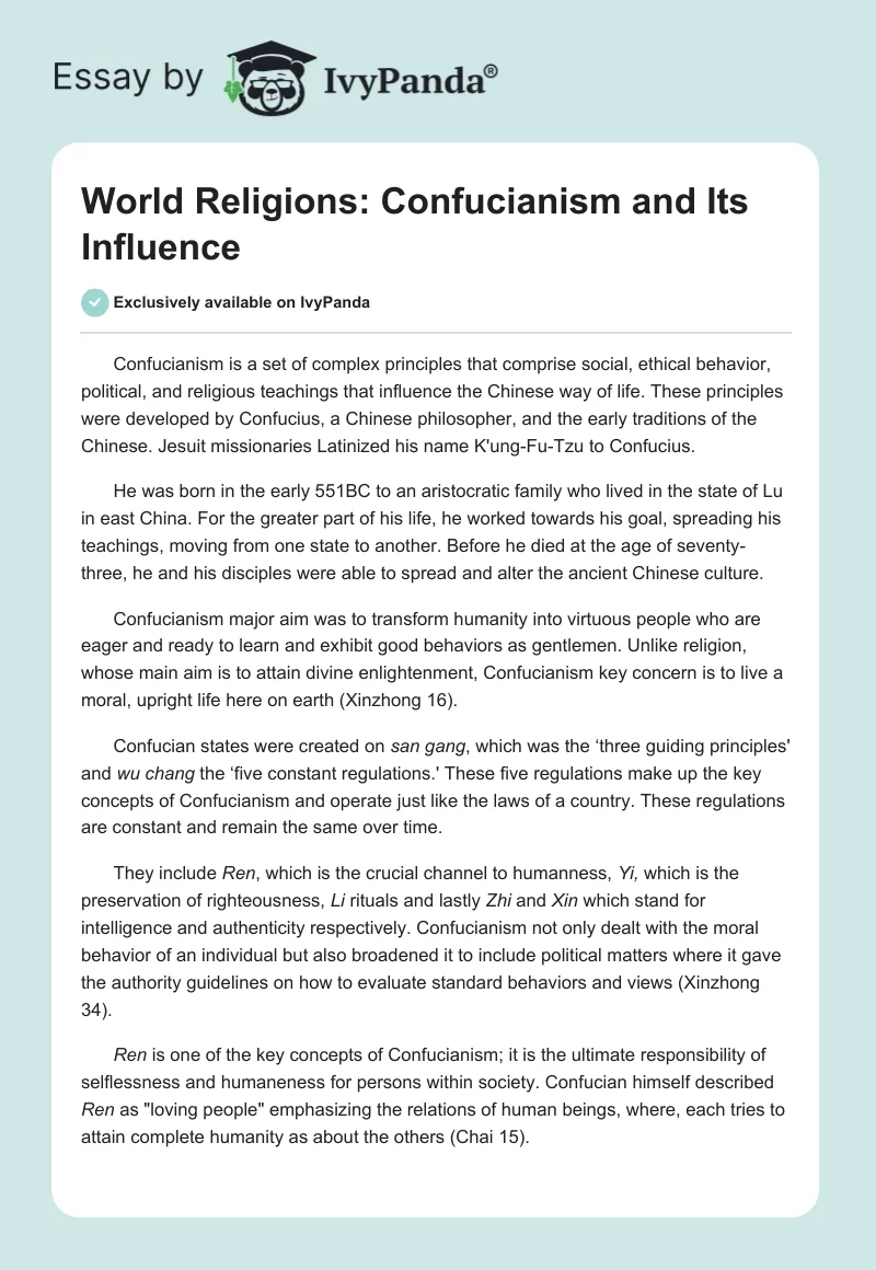 World Religions: Confucianism and Its Influence. Page 1