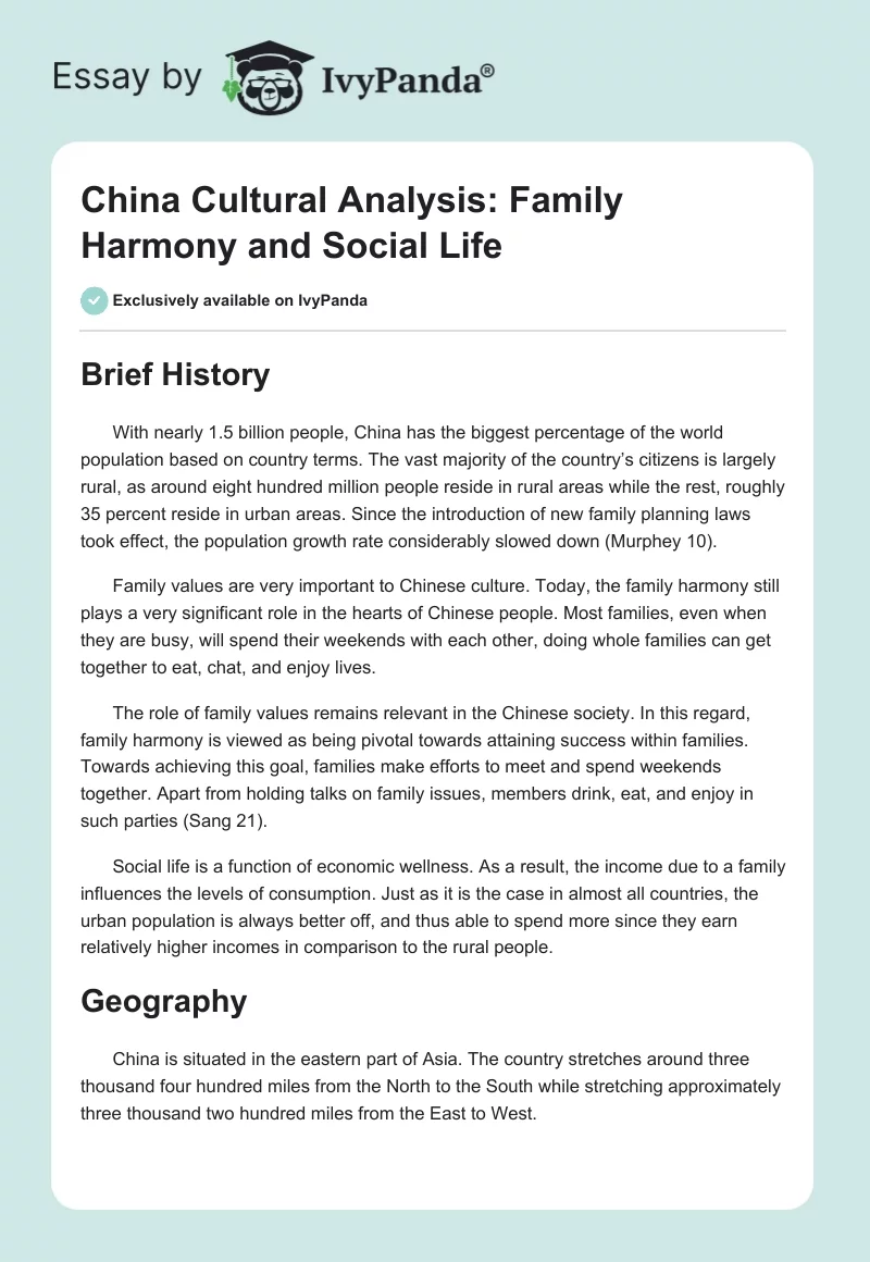China Cultural Analysis: Family Harmony and Social Life. Page 1