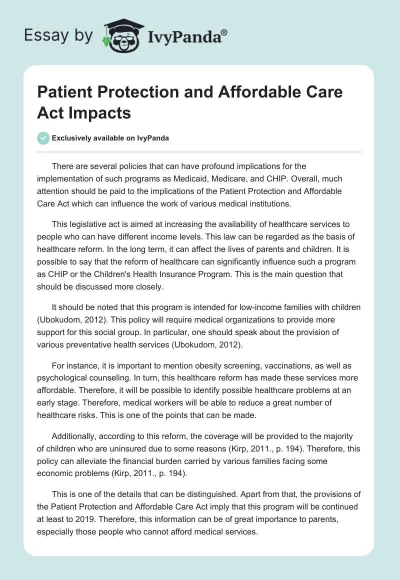 Patient Protection and Affordable Care Act Impacts. Page 1
