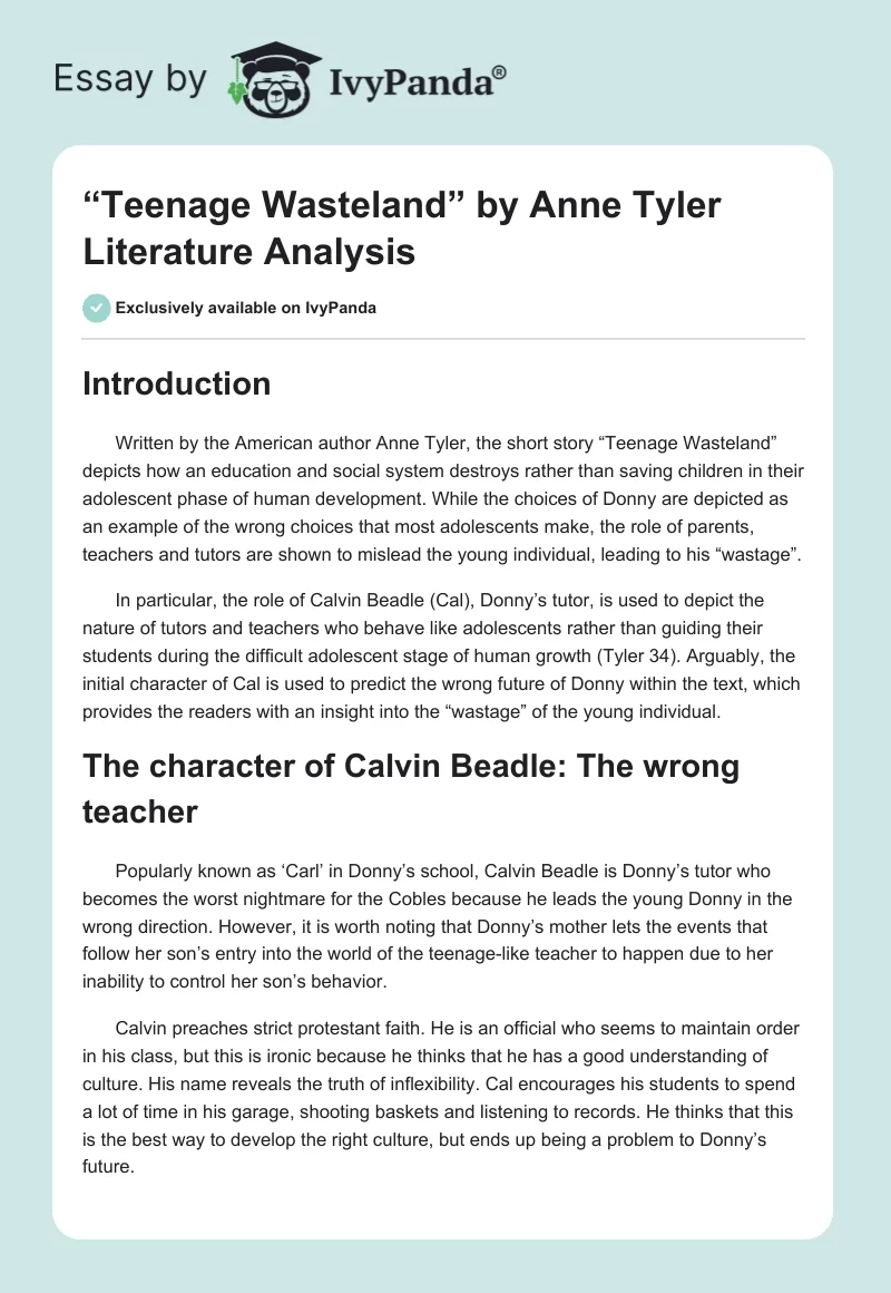 “Teenage Wasteland” by Anne Tyler Literature Analysis. Page 1