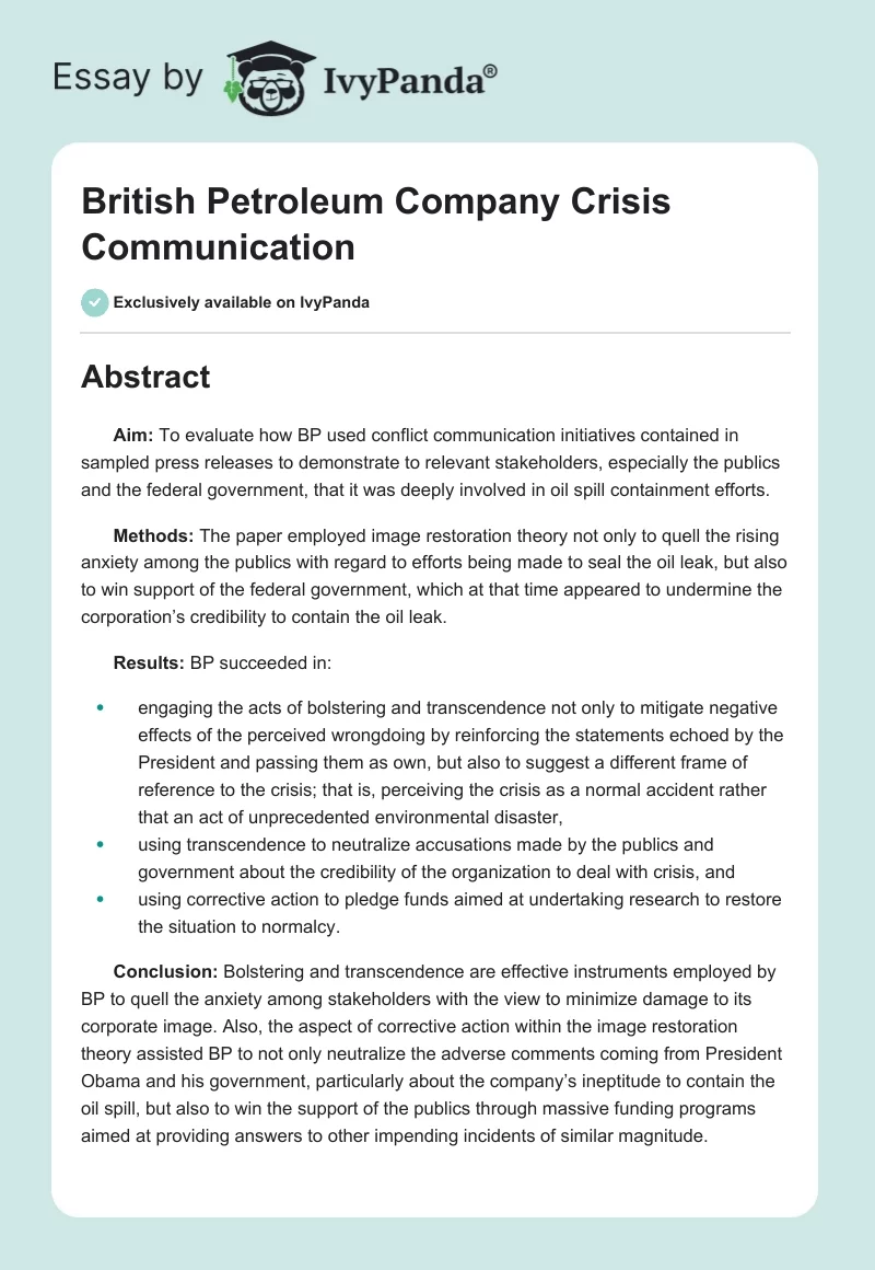 British Petroleum Company Crisis Communication. Page 1