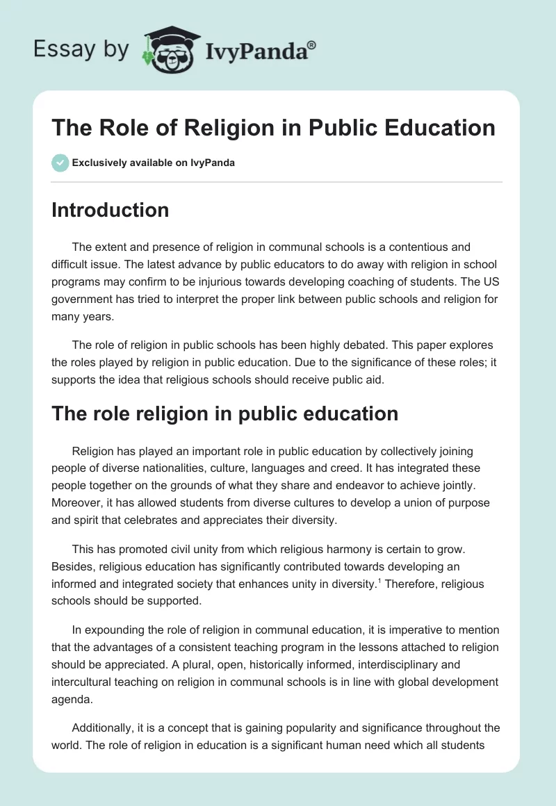 The Role of Religion in Public Education. Page 1