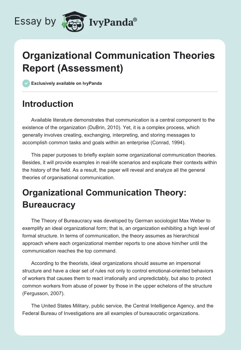 Organizational Communication Theories Report (Assessment). Page 1