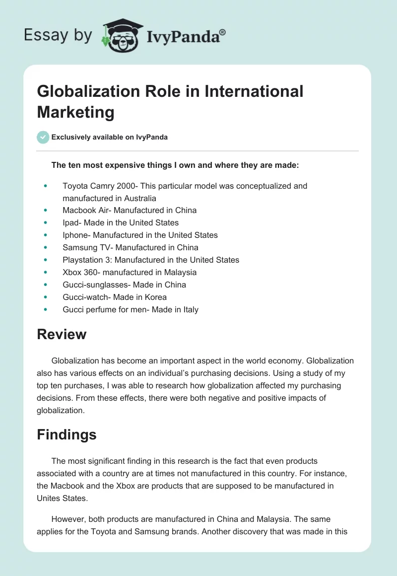 Globalization Role in International Marketing. Page 1