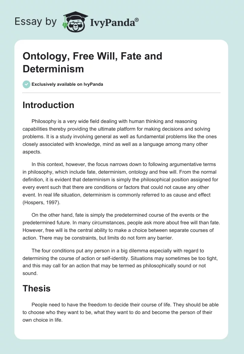 Ontology, Free Will, Fate and Determinism. Page 1