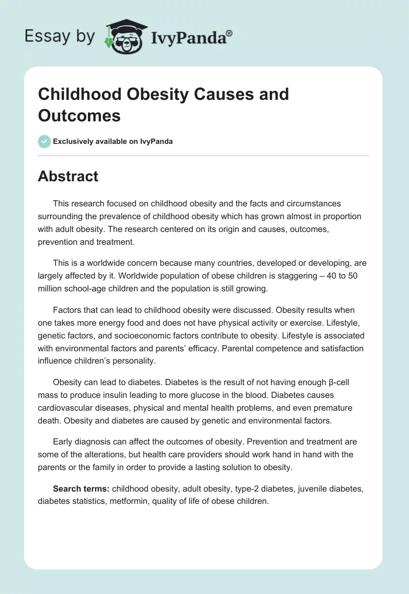 Childhood Obesity Causes and Outcomes. Page 1