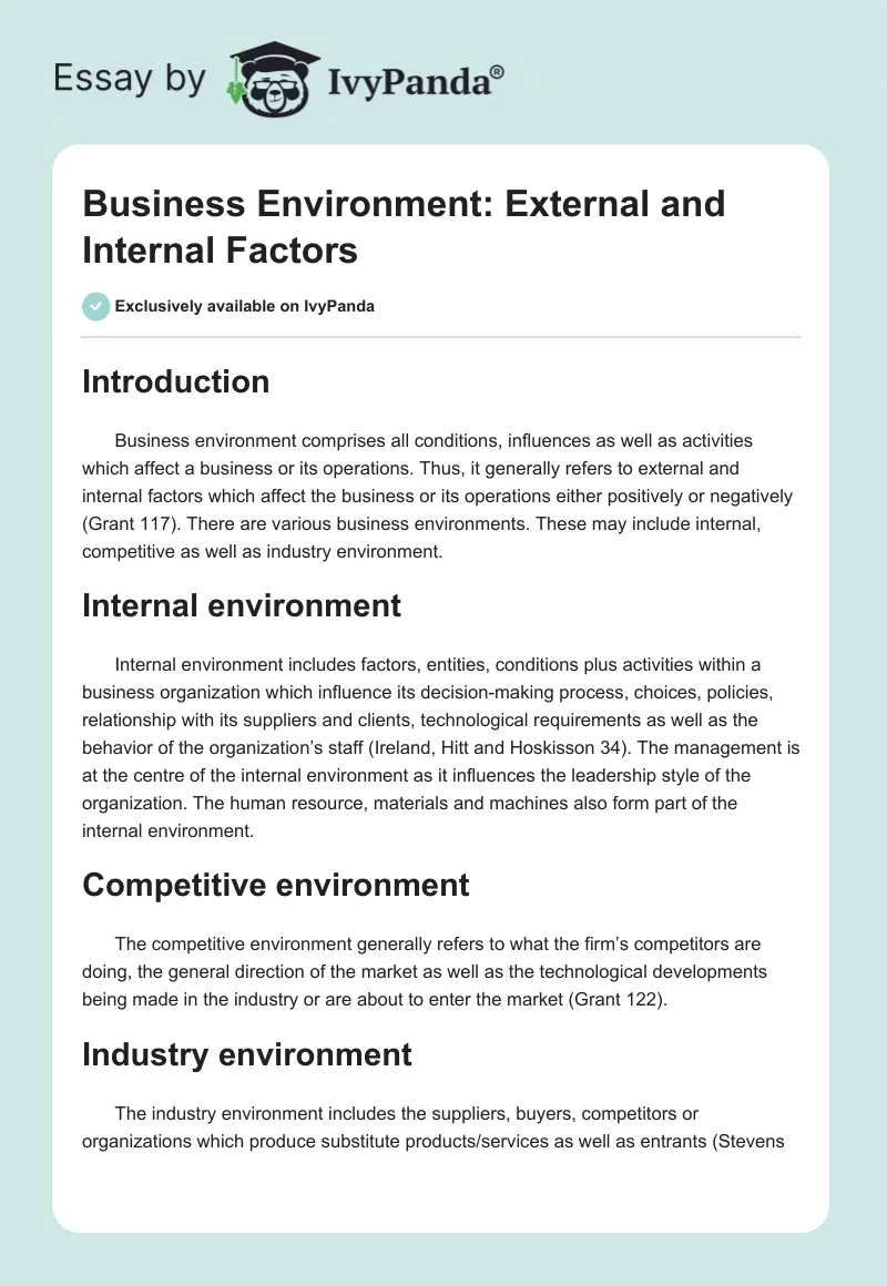 Business Environment: External and Internal Factors. Page 1