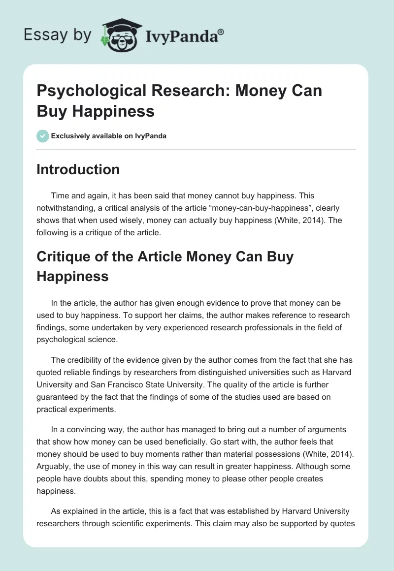 Psychological Research: Money Can Buy Happiness. Page 1