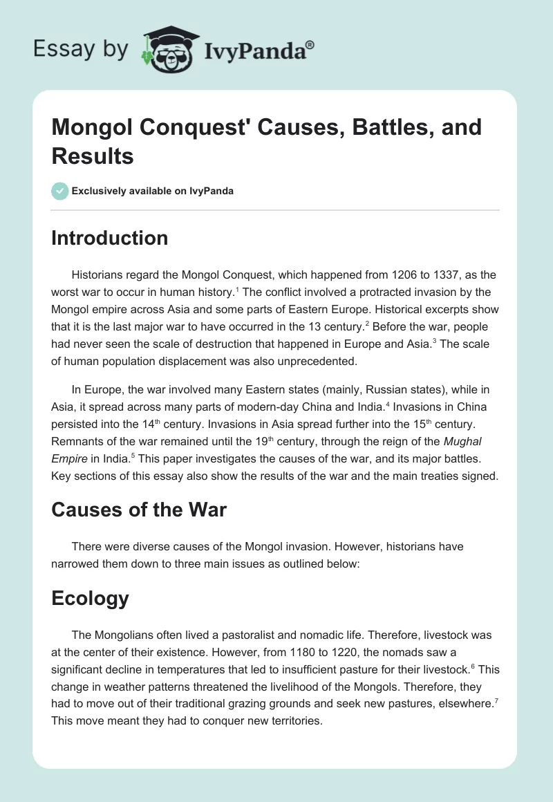Mongol Conquest' Causes, Battles, and Results. Page 1