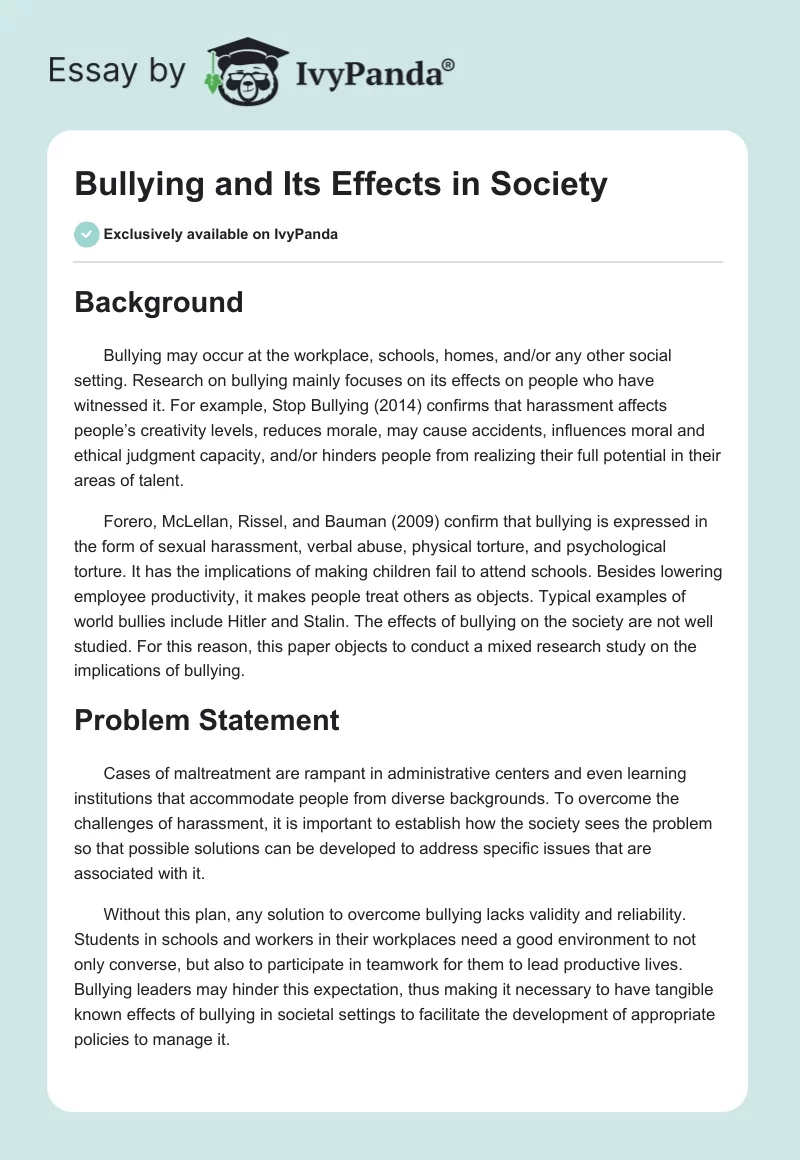 Bullying and Its Effects in Society. Page 1