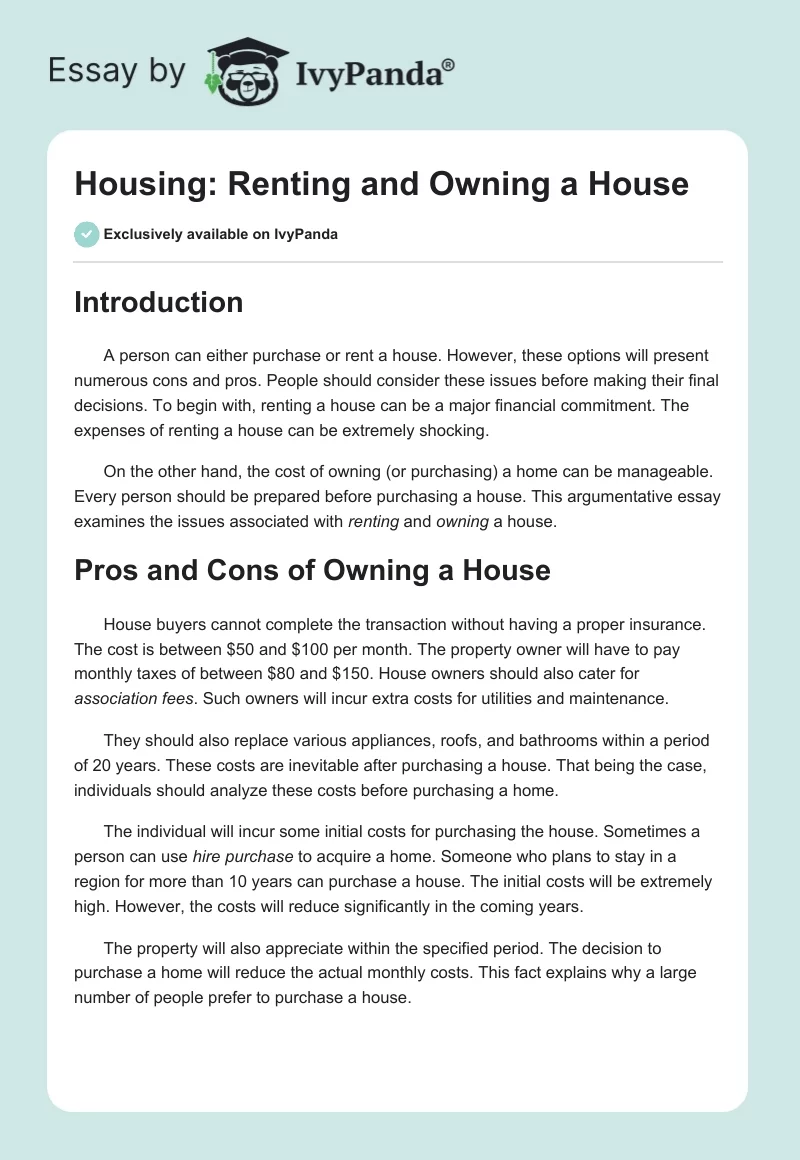 Housing: Renting and Owning a House. Page 1