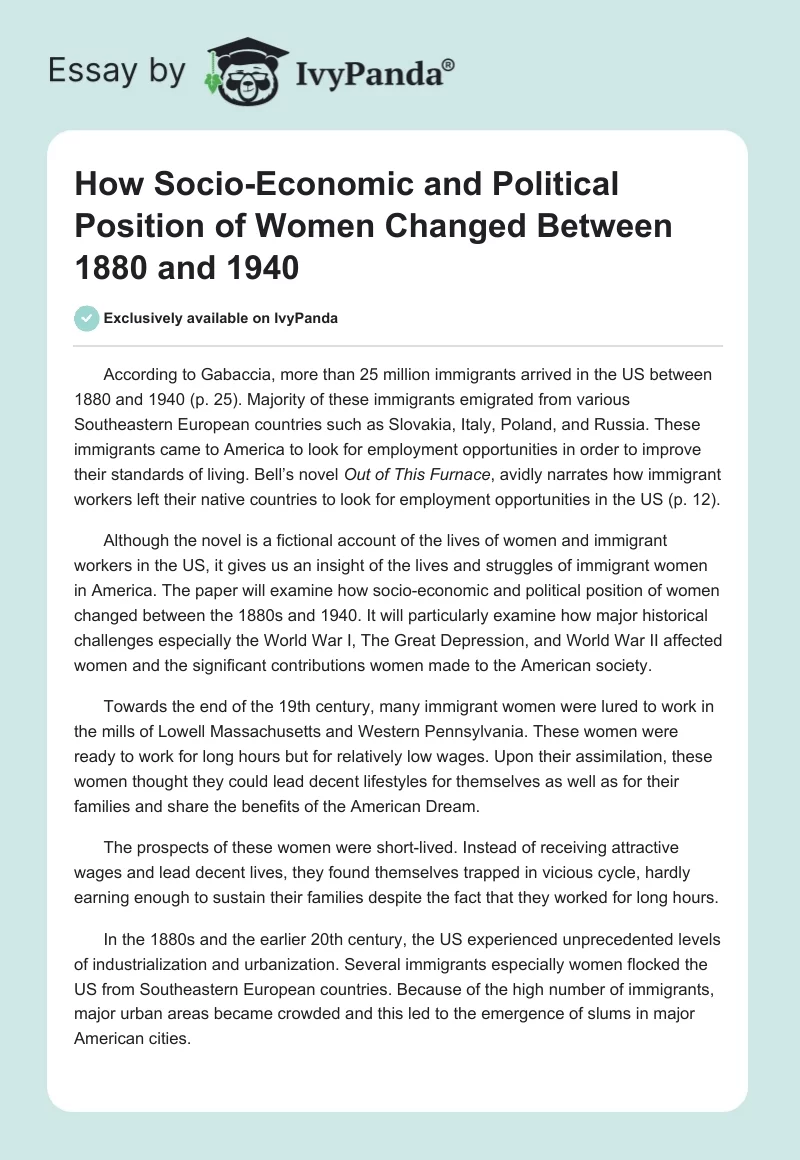 How Socio-Economic and Political Position of Women Changed Between 1880 and 1940. Page 1
