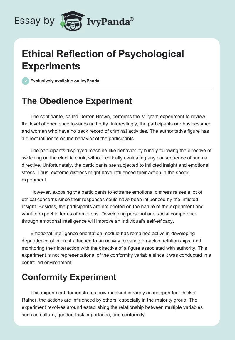 Ethical Reflection of Psychological Experiments. Page 1