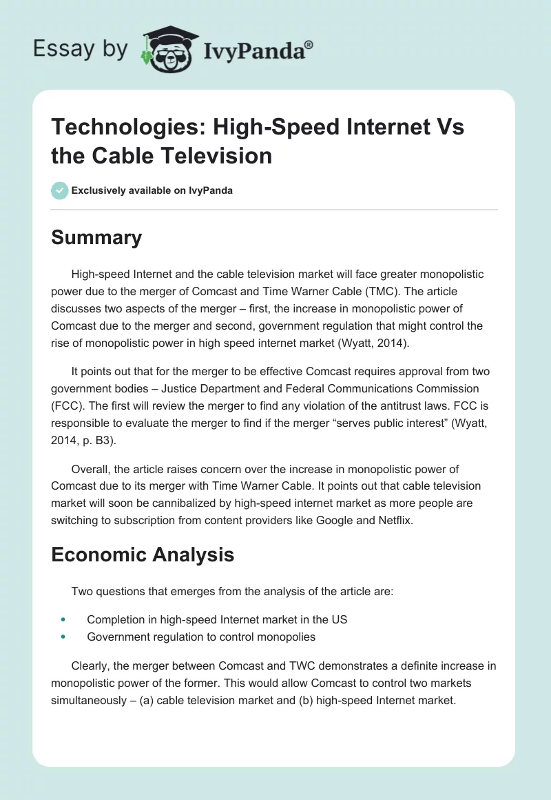 Technologies: High-Speed Internet vs. the Cable Television. Page 1