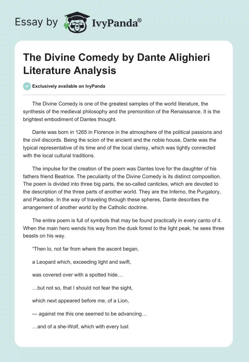 "The Divine Comedy" by Dante Alighieri Literature Analysis. Page 1