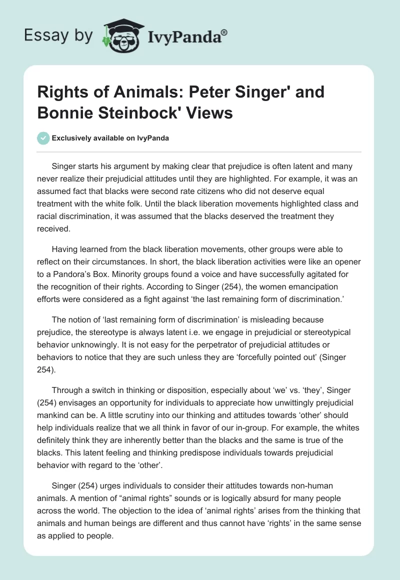 Rights of Animals: Peter Singer' and Bonnie Steinbock' Views. Page 1
