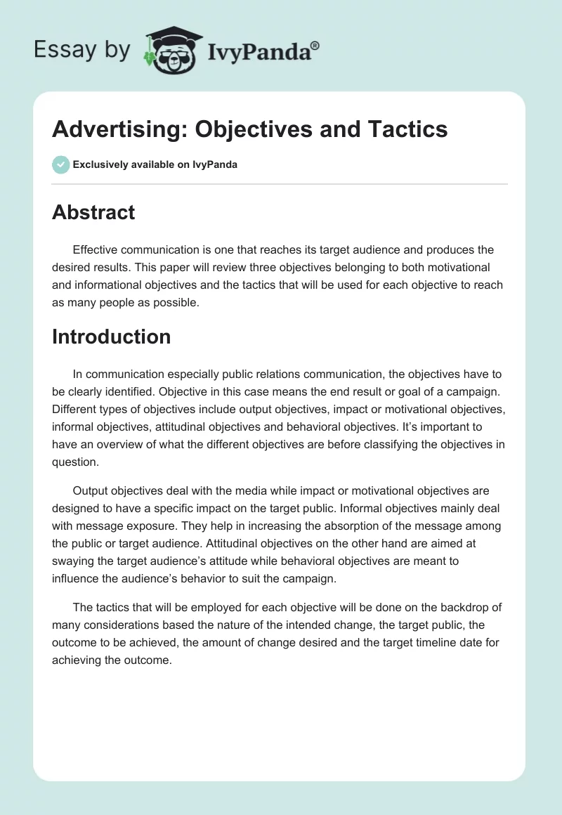 Advertising: Objectives and Tactics. Page 1