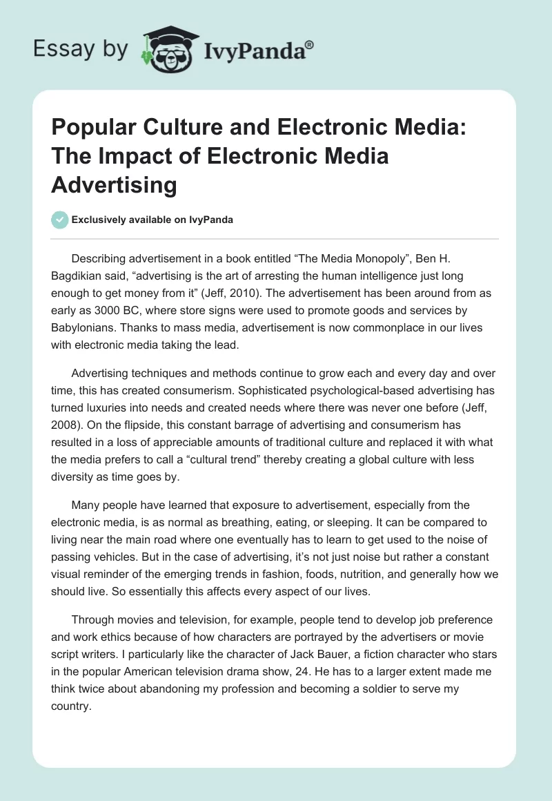 Popular Culture and Electronic Media: The Impact of Electronic Media Advertising. Page 1