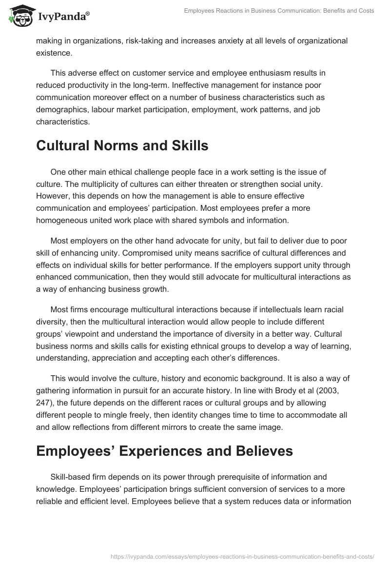Employees Reactions in Business Communication: Benefits and Costs. Page 3