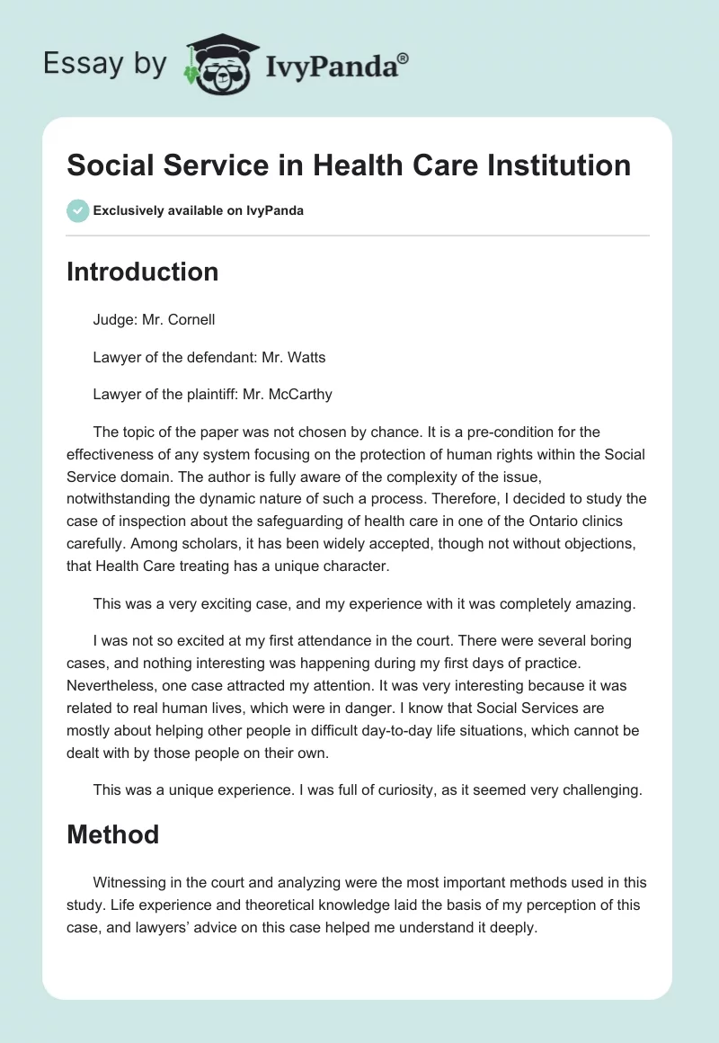 Social Service in Health Care Institution. Page 1