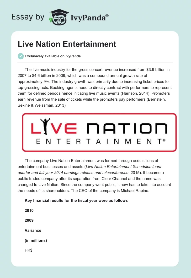 Live Nation Entertainment. Page 1