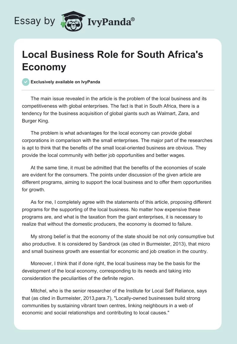 Local Business Role for South Africa's Economy. Page 1