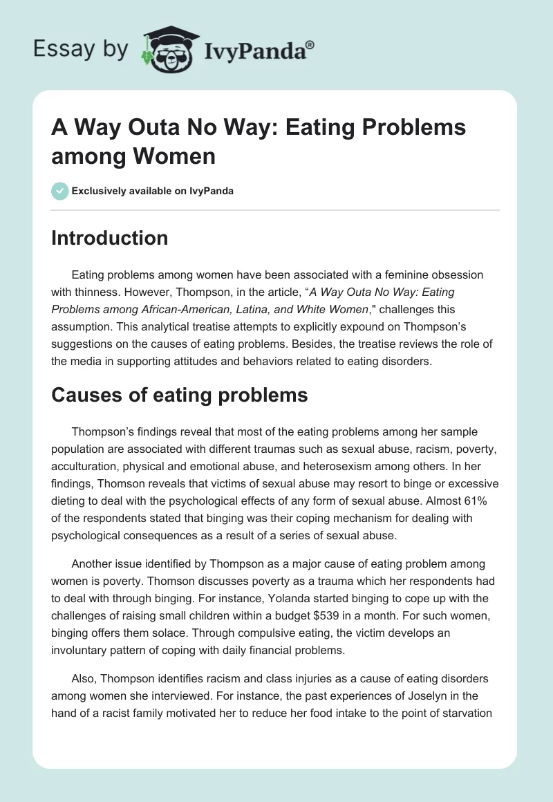 Eating Problems Among Women: Insights from Thompson's Analysis and Media Influence. Page 1