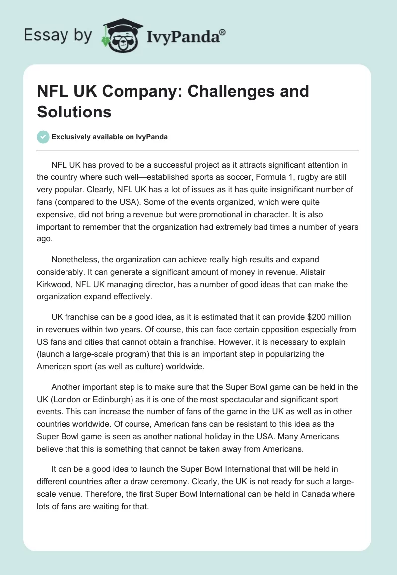NFL UK Company: Challenges and Solutions. Page 1