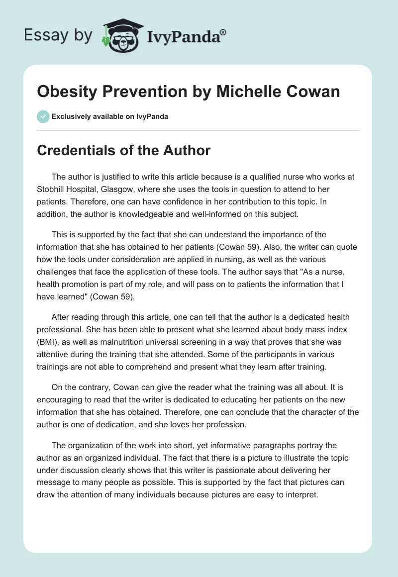 "Obesity Prevention" by Michelle Cowan. Page 1