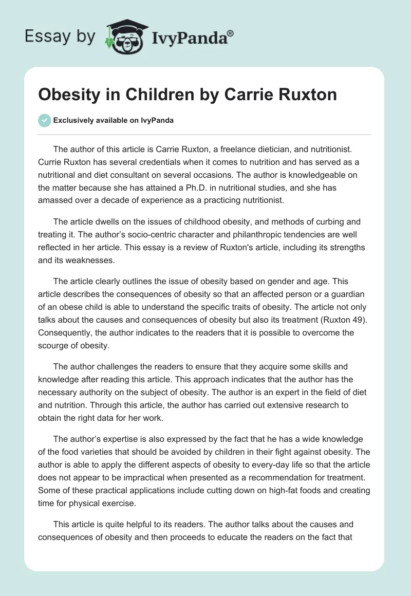 "Obesity in Children" by Carrie Ruxton. Page 1