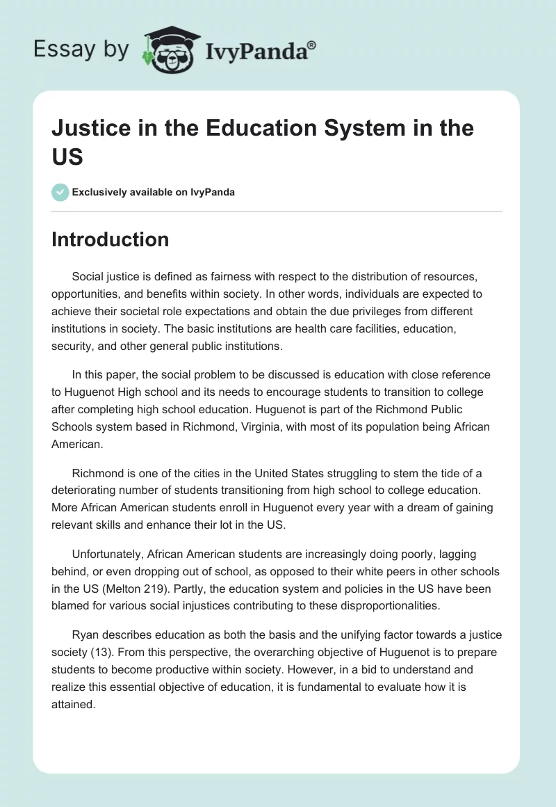 Justice in the Education System in the US. Page 1