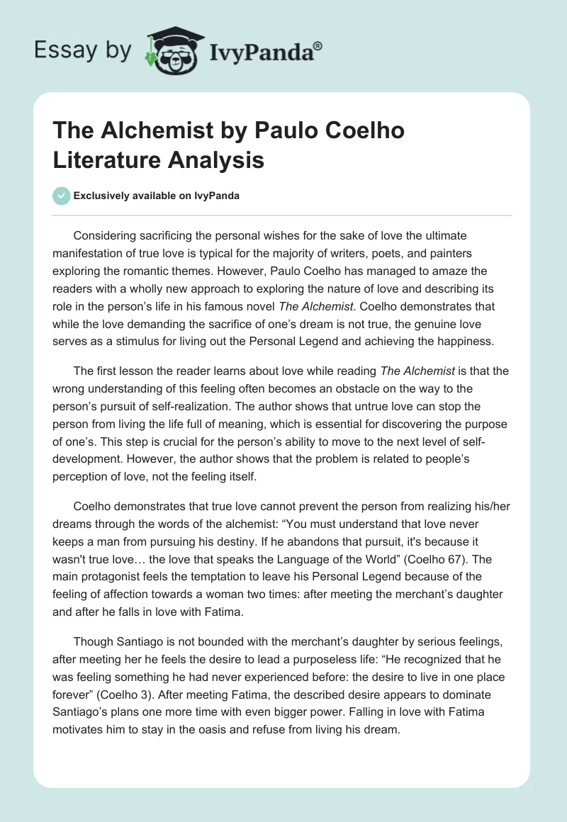 "The Alchemist" by Paulo Coelho Literature Analysis. Page 1