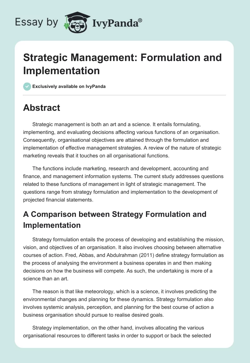 Strategic Management: Formulation and Implementation. Page 1