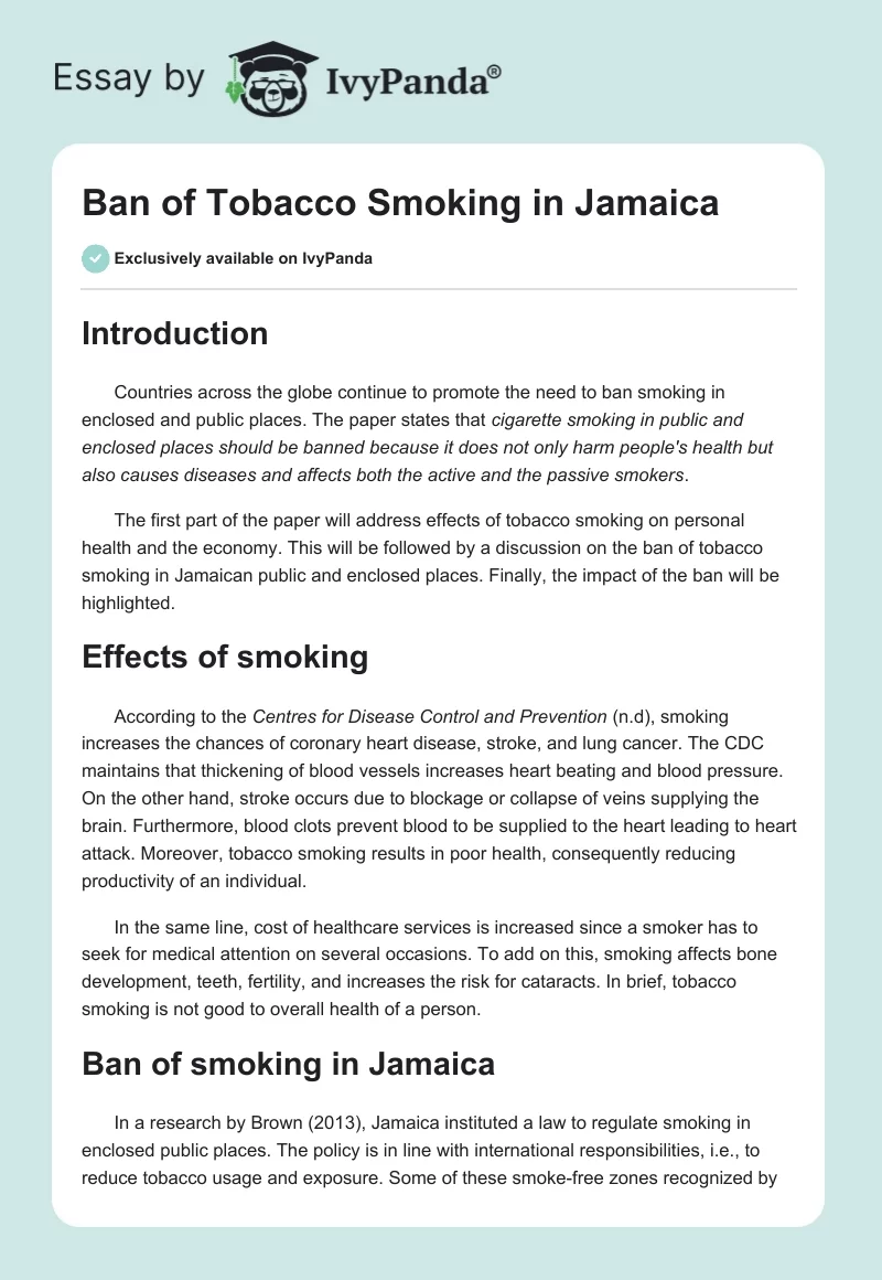 Ban of Tobacco Smoking in Jamaica. Page 1